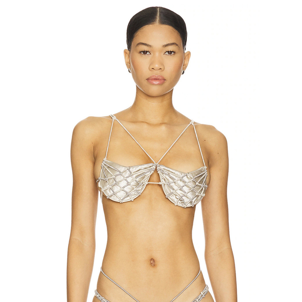 NEW ISA BOULDER Lines Bikini Top Silver Slate Shiny